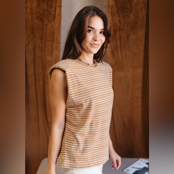 Casual Tan Camel Striped Padded Shoulder Sleeveless Tank - Picture 2 of 12